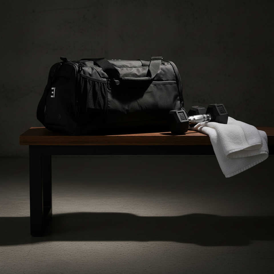 3two1® Founders Gym Bag im Gym auf einer Bank neben Hanteln