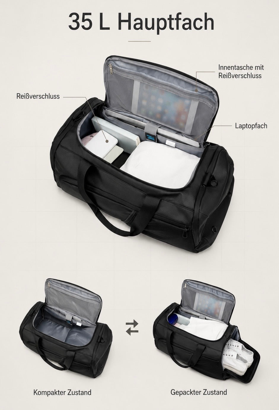 35 Liter Hauptfach mit Innen- und Laptopfach